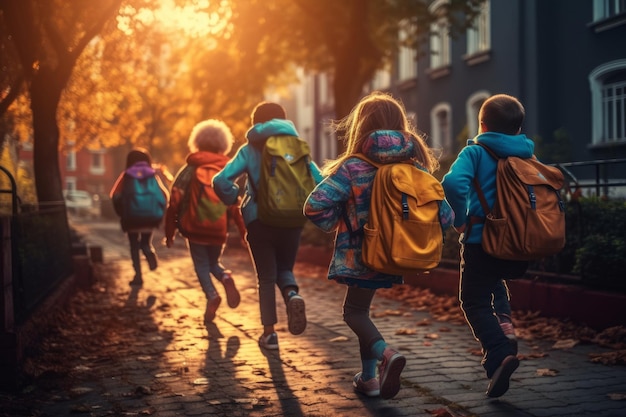 Small schoolchildren with colorful school bags and backpacks run to school