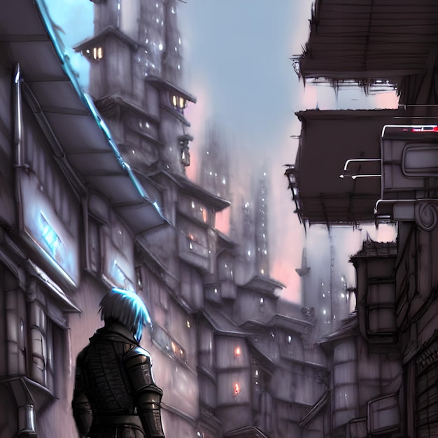 Small scifi city, a cyberpunk village with a sillhouette looking at the streets