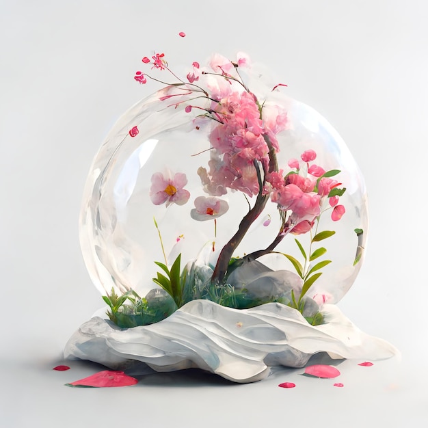 A small sculpture of a cherry tree is in a ball.