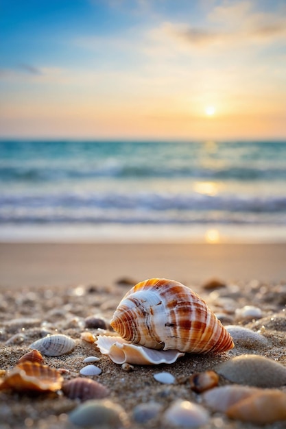 small sea shells on the beach with bokeh background