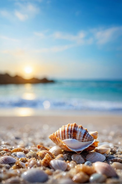 small sea shells on the beach with bokeh background