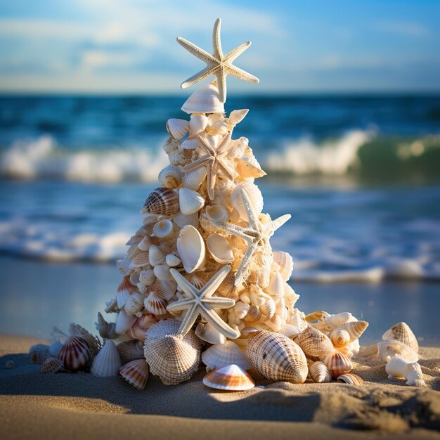 Small seashell christmas tree on the beach Generative AI