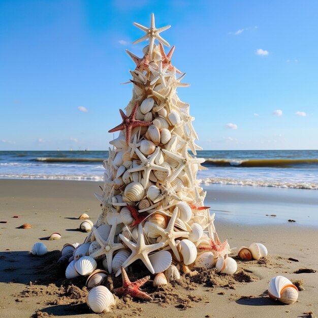 Photo small seashell christmas tree on the beach generative ai