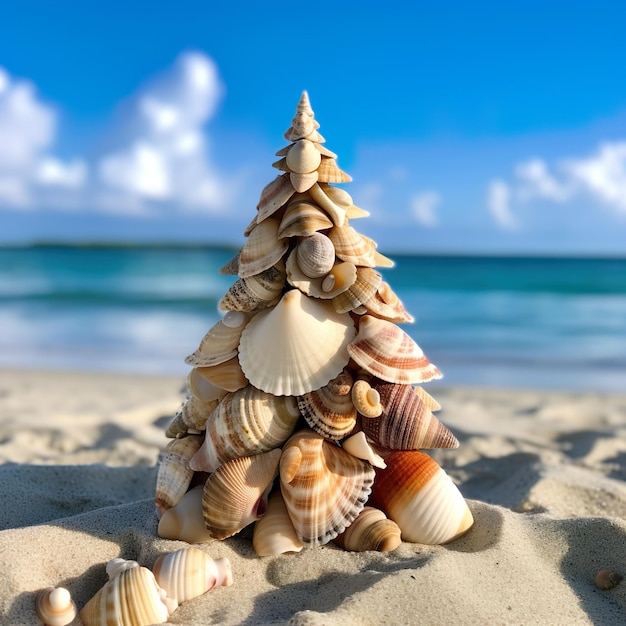 Small seashell christmas tree on the beach Generative AI