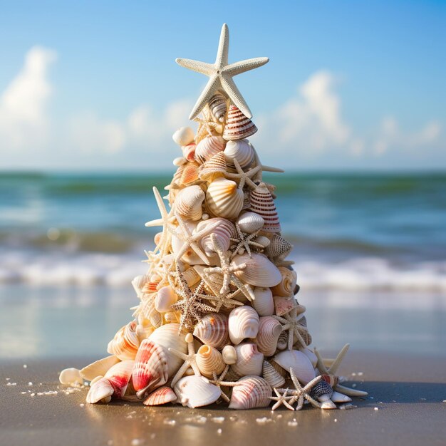 Photo small seashell christmas tree on the beach generative ai