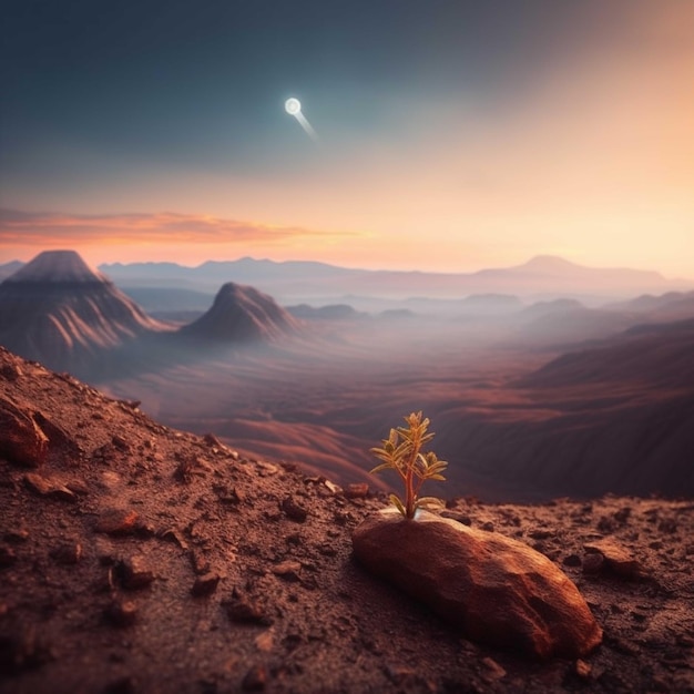 A small seed sprouting on the edge of a mountain