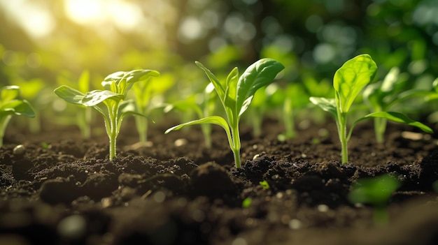 Small seedlings growing in the ground at sunset