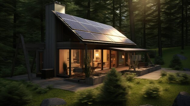 Small self sustainable house with solar panels in the forest