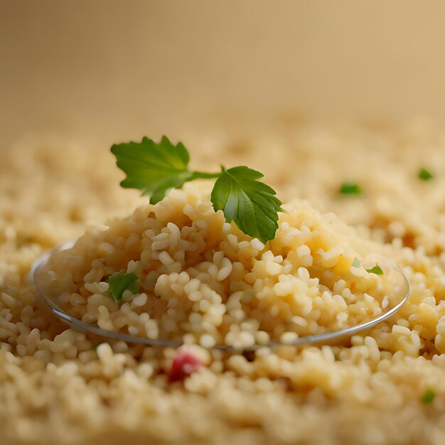 Photo a small serving of rice with a leaf of parsley on top