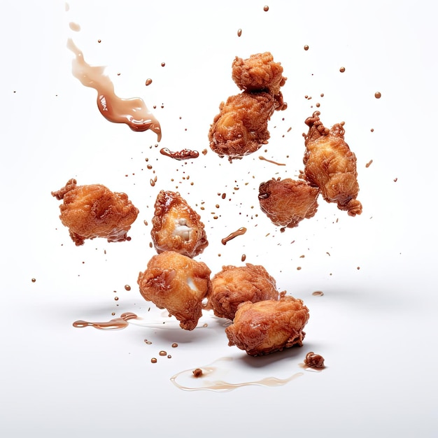 Photo a small set of fried chicken bites falling off a white background in the style of double exposure