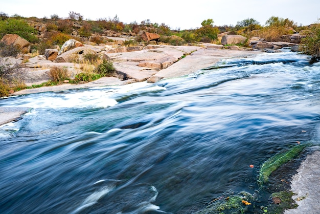 A small shining stream flows among smooth wet and dark stones and dry low trees