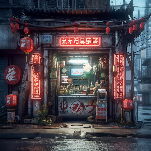 Small shop in Tokyo alley cyberpunk style future Japanese street AI Generated