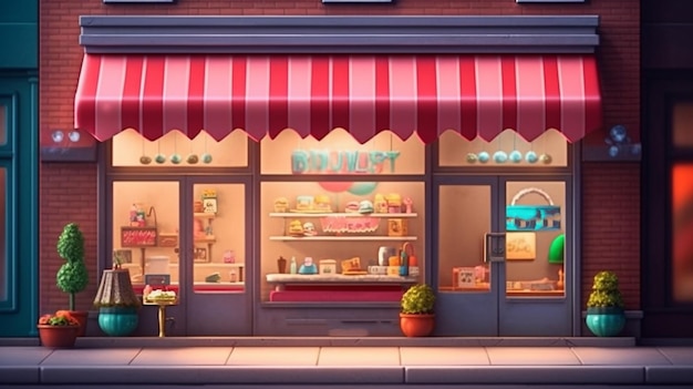 Small shop with colorful awning Generative Ai