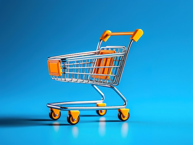 Small shopping cart on a blue background toy proportions light silver and orange minimalistic