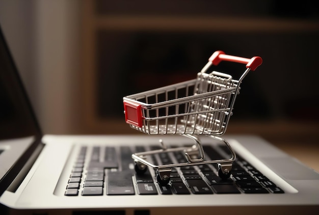 A small shopping cart is on top of a laptop keyboard.