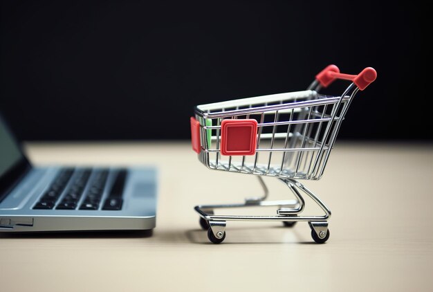 A small shopping cart next to a laptop computer.