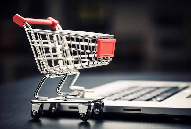 A small shopping cart sits on a laptop.