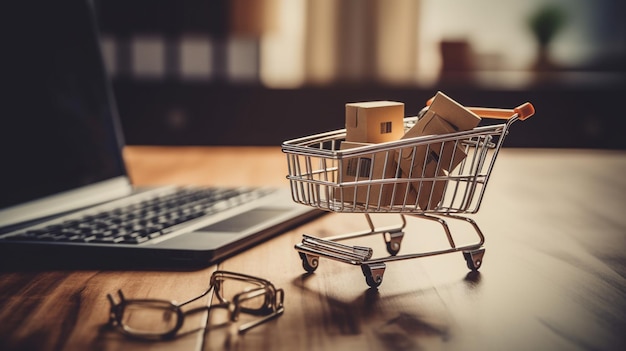 A small shopping cart with a stack of boxes on it sits on a desk next to a computer keyboard