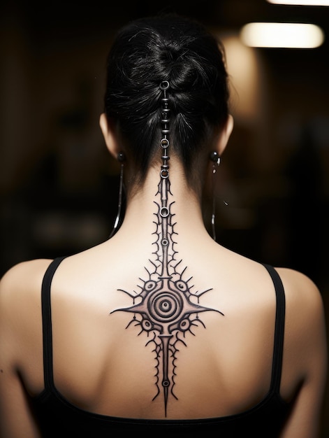 Photo small sized fantasy tribal tattoo on upper back with a simple design