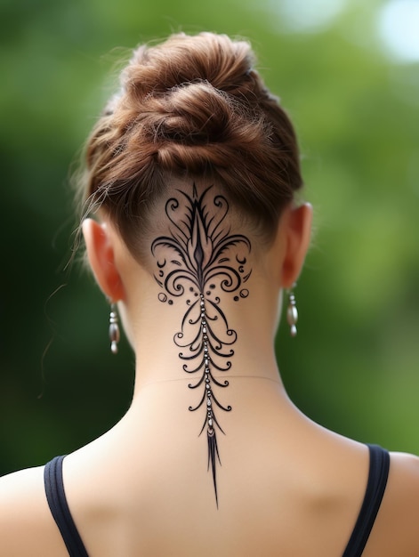 Small sized fantasy tribal tattoo on upper back with a simple design