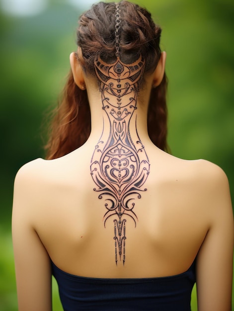 Маленькая фэнтезийная племенная татуировка на верхней части спины с простым дизайном.