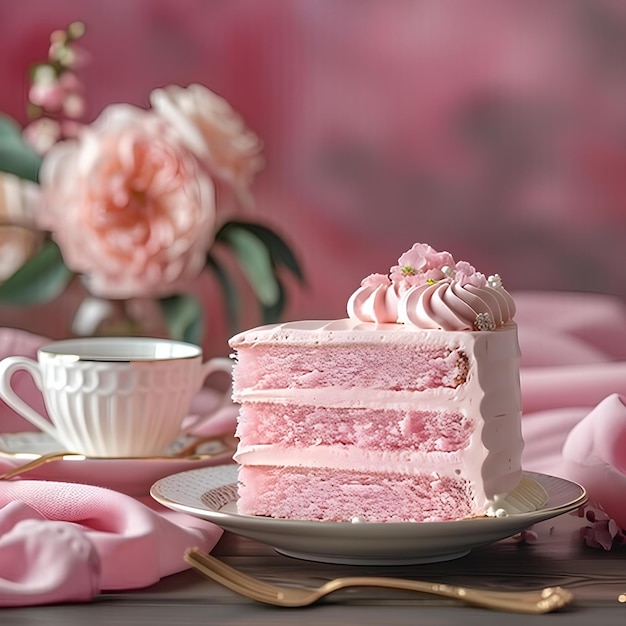 Small slice of pink cake on a china plate