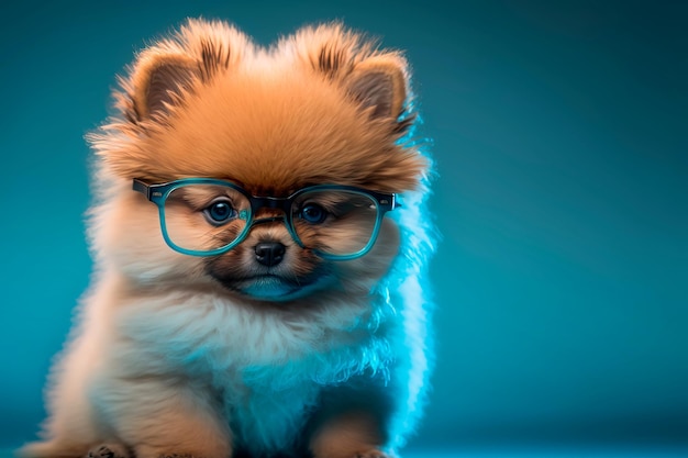 Фото Маленькая улыбающаяся собака шпиц в очках на заднем плане генеративный ии