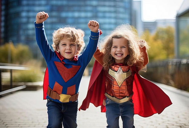 Фото Маленькая улыбающаяся девушка и мальчик в костюмах супергероев в стиле совместного активизма