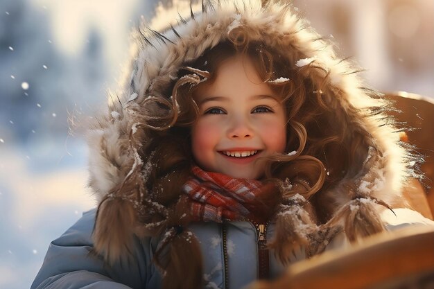 Small smiling girl in winter sled under snow