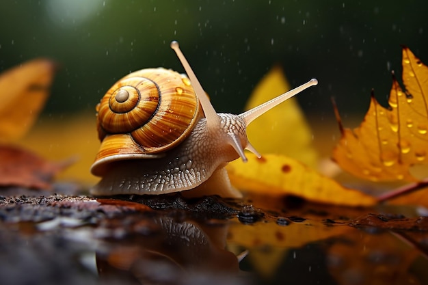 れた葉の雨の背景にある小さなカタツムリ