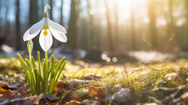 A small snowdrop is knocked out of the soil in the forest in the rays of the sun