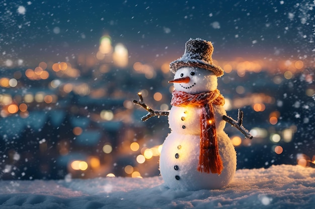 A small snowman in a hat and a scarf on a New Year's background