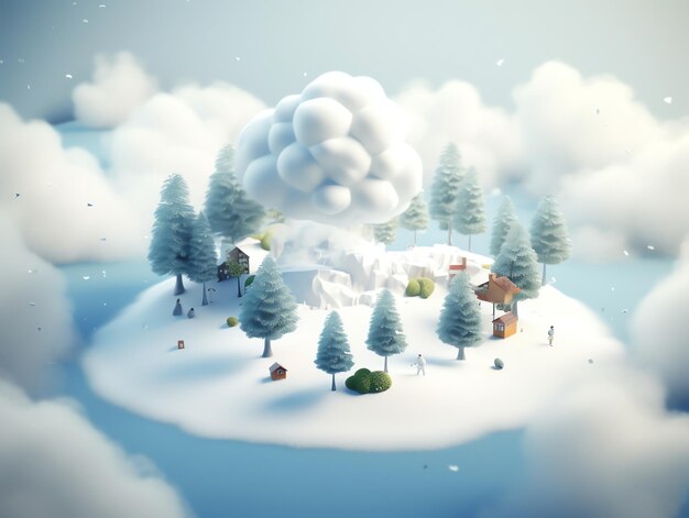 A small snowy island with a small village and trees on it