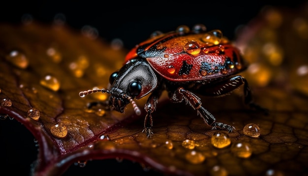 Small spotted weevil crawls on green leaf in selective focus generated by artificial intelligence