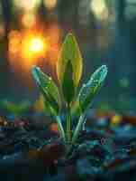 Photo small sprout with dew drops in the spring forest at sunset