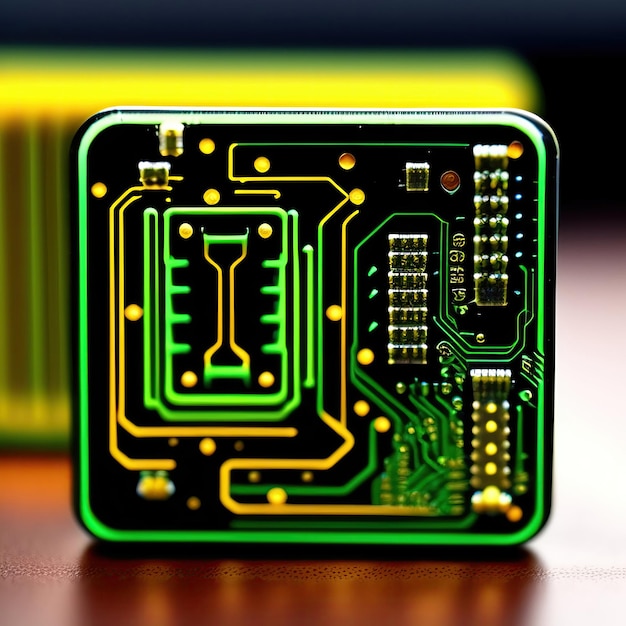 A small square green and yellow circuit board with chips