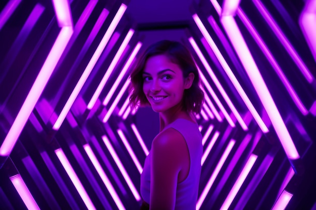 Foto fondale instagrammabile piccolo e quadrato con sfondo viola e barre led viola neon