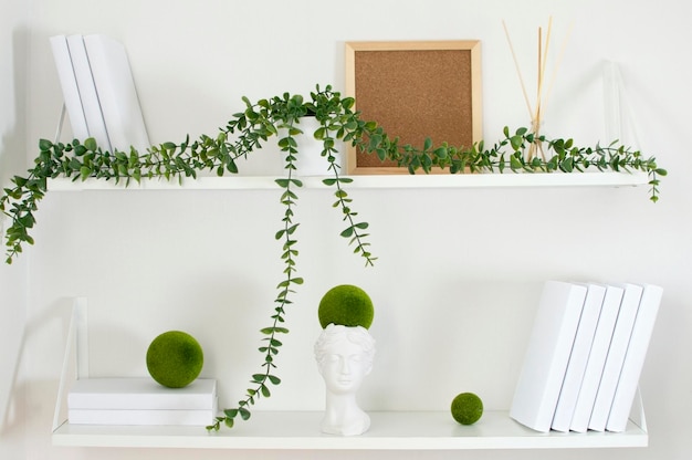 스칸디나비아 스타일의 빈 중립 흰색 벽 배경 홈 인테리어에 녹색 식물 새 책과 선반을 오르는 스칸디스타일 인테리어의 나무 프레임에 작은 사각형 모형