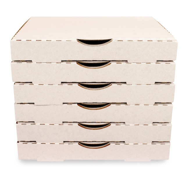 Small stack of blank pizza boxes isolated on a white background.