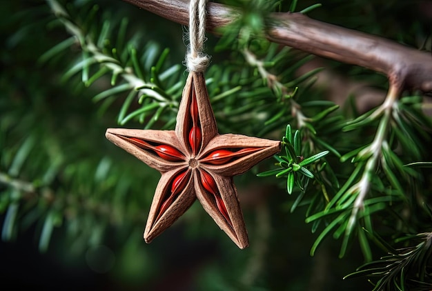 a small star hanging from a christmas tree