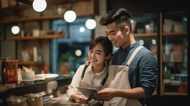 Small startup business owner concept two successful young baristas women standing in bar counter in