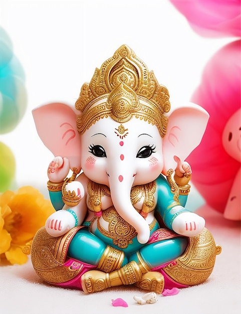 a small statue of a Ganesha with a pink flower in the background