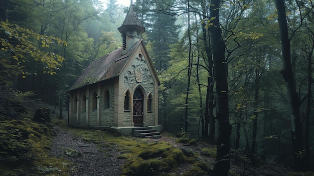 A small stone chapel is nestled in a clearing in the forest the chapel is surrounded by tall trees and dense foliage