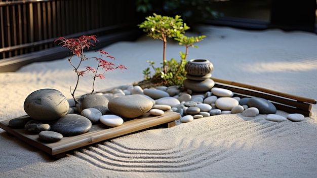 a small stone garden design with a small tree in the middle.