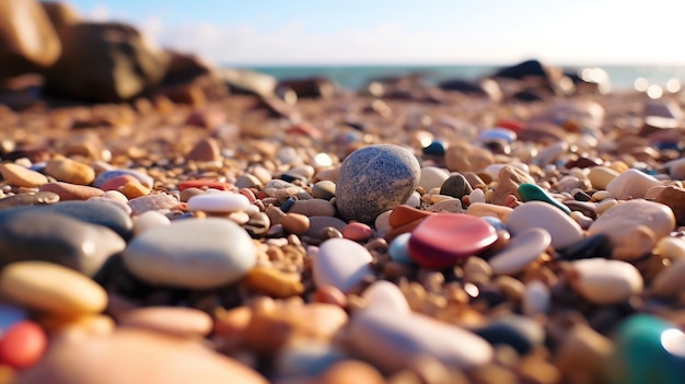 Small stones are scattered in the sand Blurred multicolored stone background