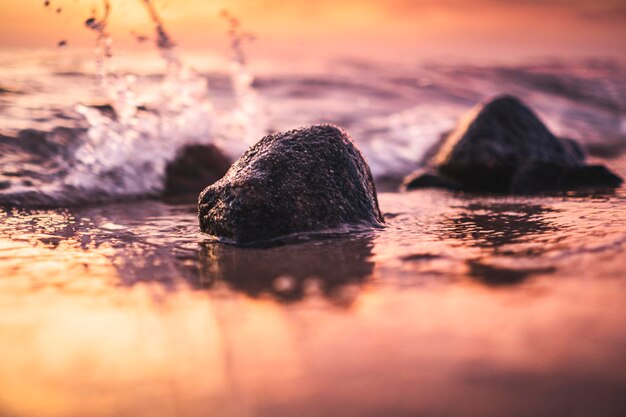 Foto piccole pietre nella riva durante il tramonto