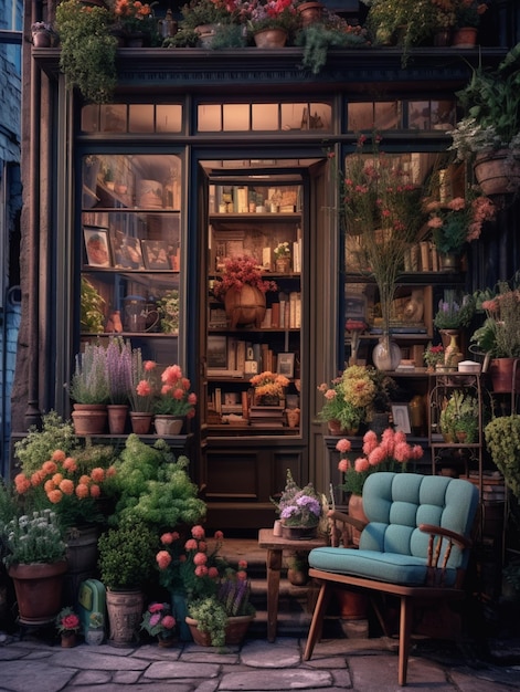 A small store with a blue chair and a table with a blue chair in front of it.