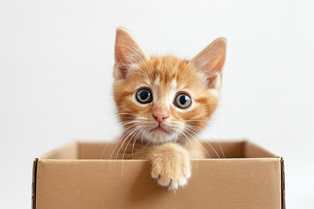 a small stray kitten in a cardboard box on a white background