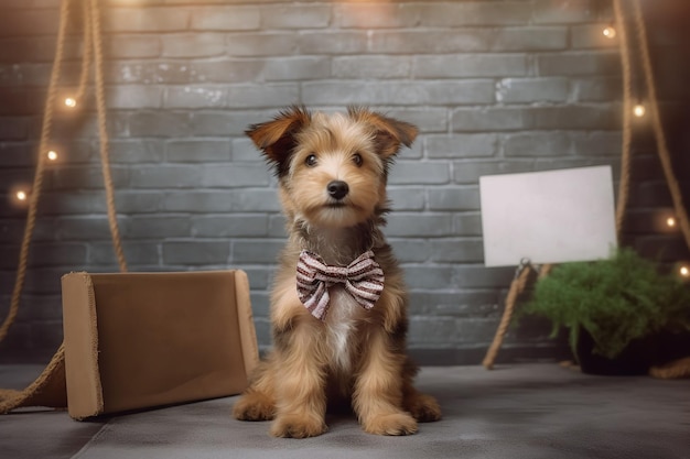 small stray puppy on the street with a blank cardboard sign