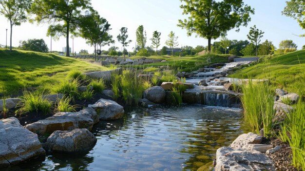 Small stream flowing through lush green park